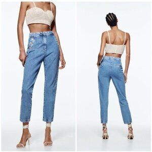 Zara High Rise Sailor Button Slant Pocket Jeans Vintage Wash Straight Leg Sz S
